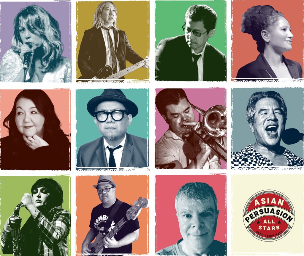 Stylized collage of eleven performers, several of whom are playing instruments, with "Asian Persuasion All Stars" logo in the bottom corner.