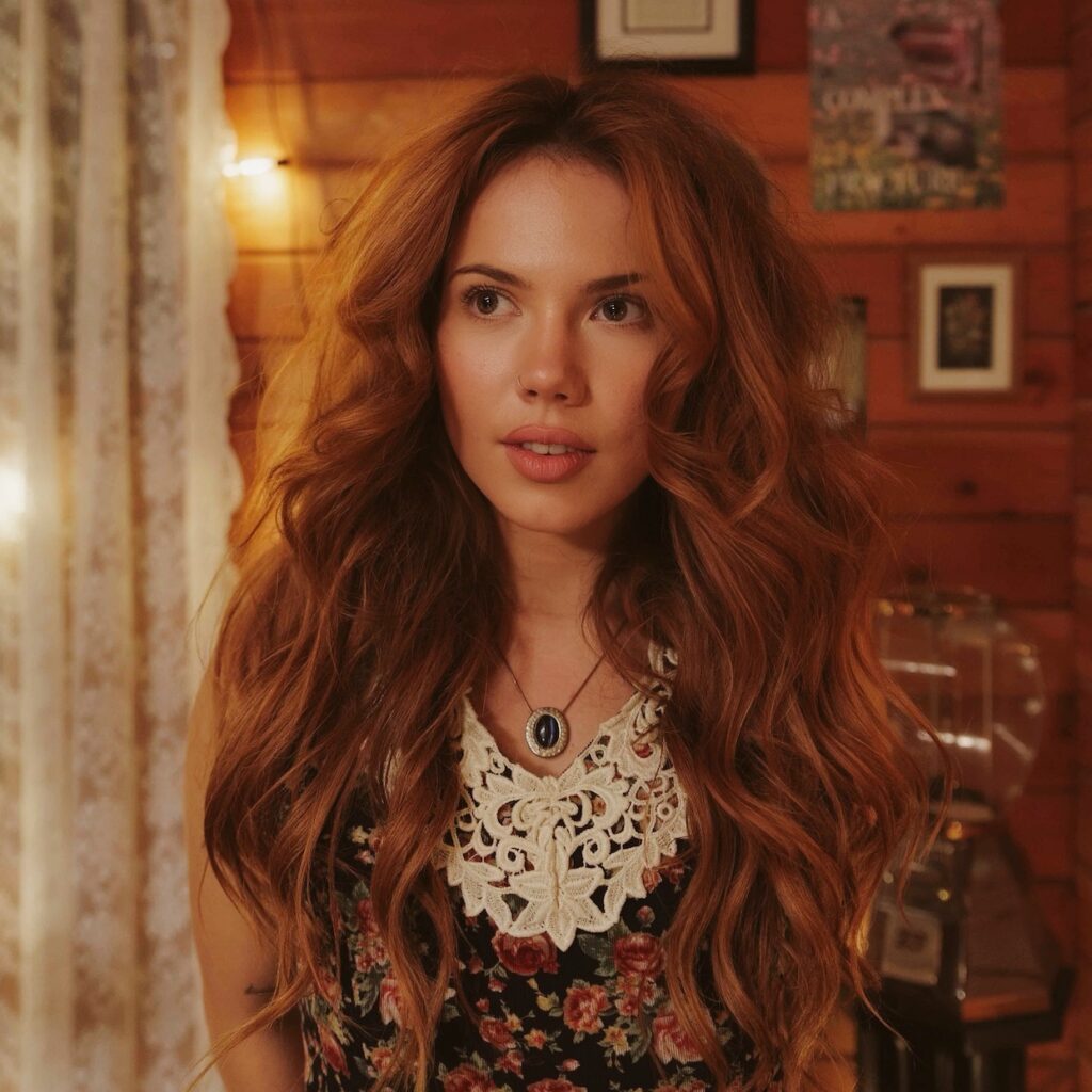 A performer with long red hair and floral top with a lacy collar looks to the side.