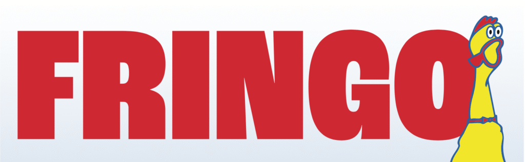 Banner for "FRINGO" with rubber chicken illustration